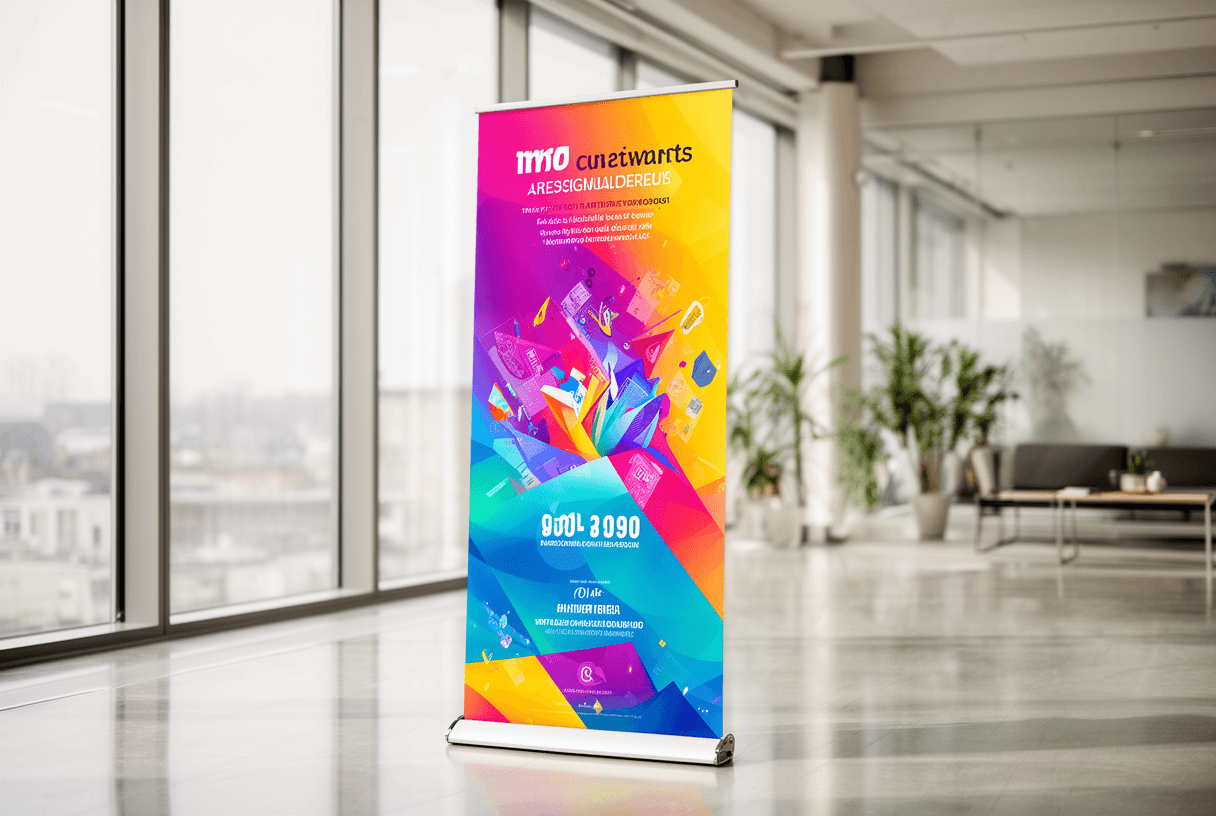 Roll-up coloré dans hall moderne, lumière naturelle et reflets doux