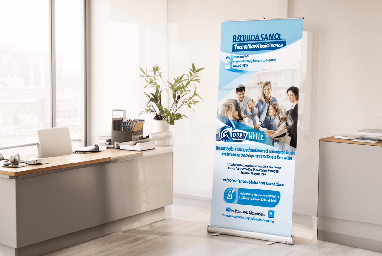 Roll-up installé près d’un comptoir lumineux, image propre et professionnelle